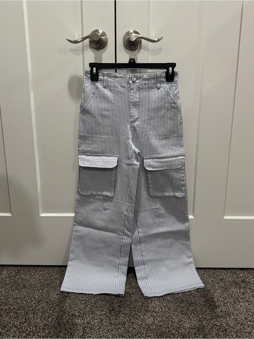 New girls Striped Cargo Wide-Leg Pants in Light Blue and White